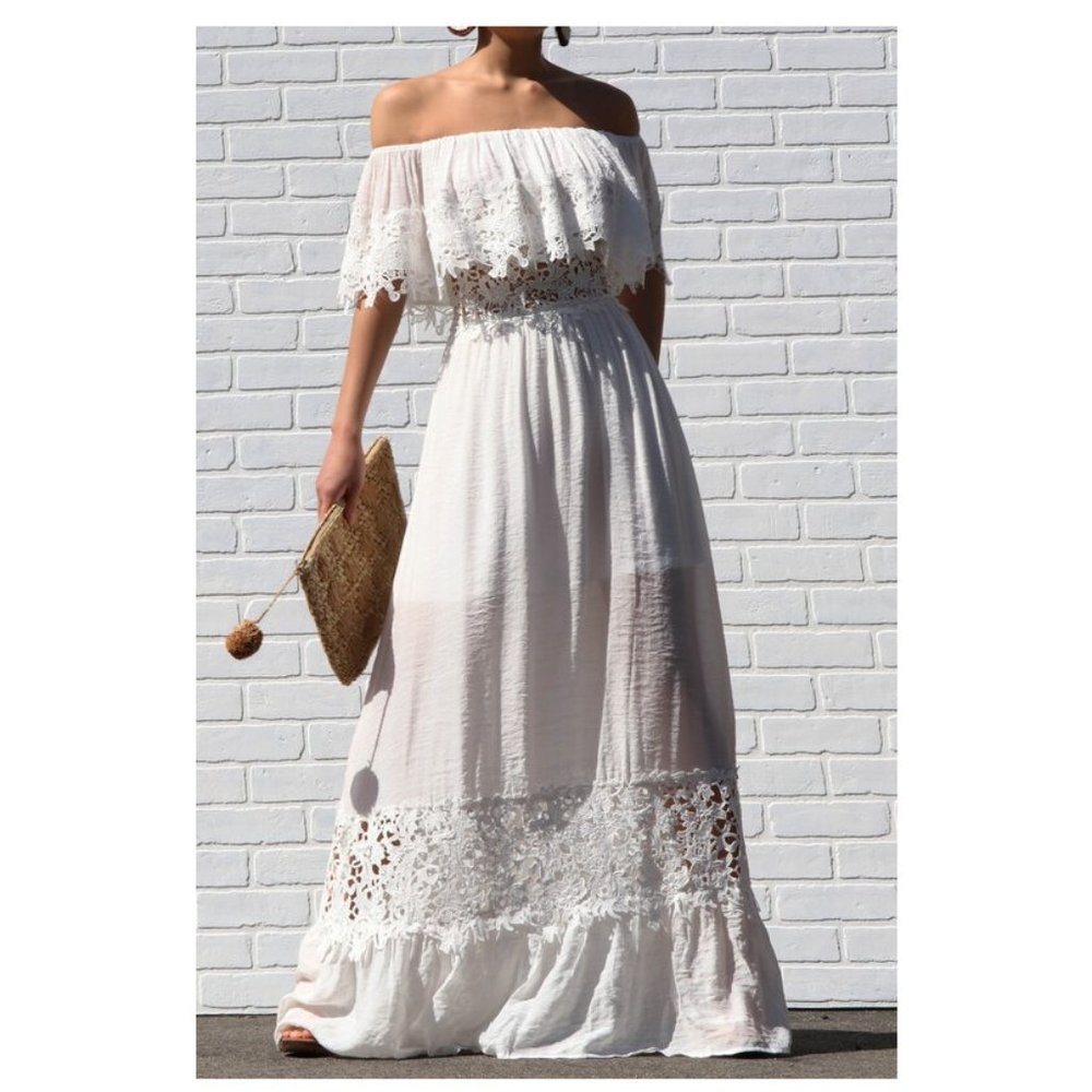 White Boho Off Shoulder Crochet Lace Ruffle Maxi Dress